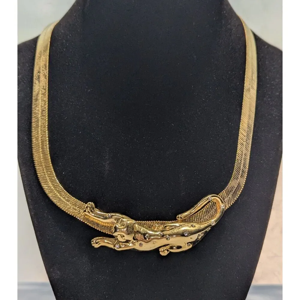 Leopard Panther Rhinestone Gold Tone Necklace - Picture 1 of 12